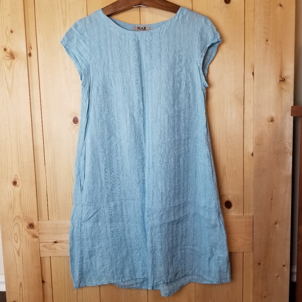 FLAX Linen Cap Sleeve Pocketed Thin Striped Summer Sundress Dress